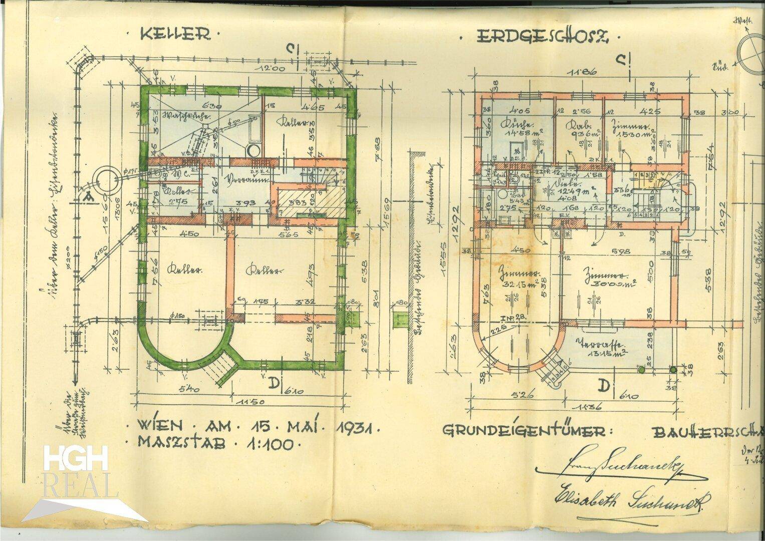Historischer Grundriss des Kellers und Erdgeschosses des Gebäudes von 1931.
