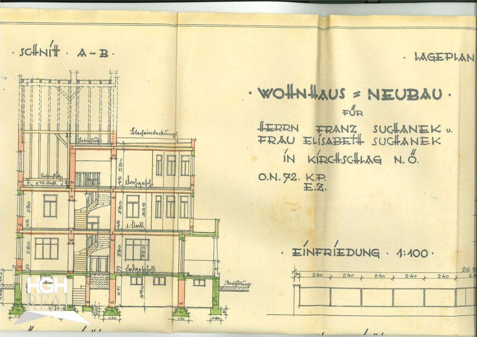 Historischer Schnittplan A-B und Lageplan des Wohnhauses.