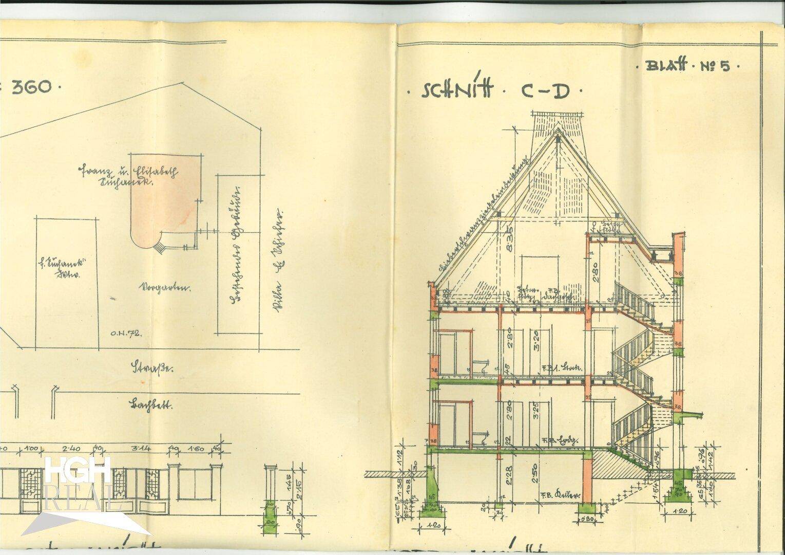 Historischer Schnittplan C-D des Gebäudes mit Details zur Konstruktion.