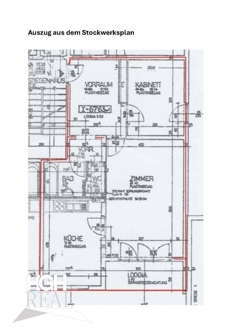 Detaillierter Grundrissplan einer Wohnung mit Vorraum, Küche, Bad, separatem WC, Zimmern und einer Loggia.
