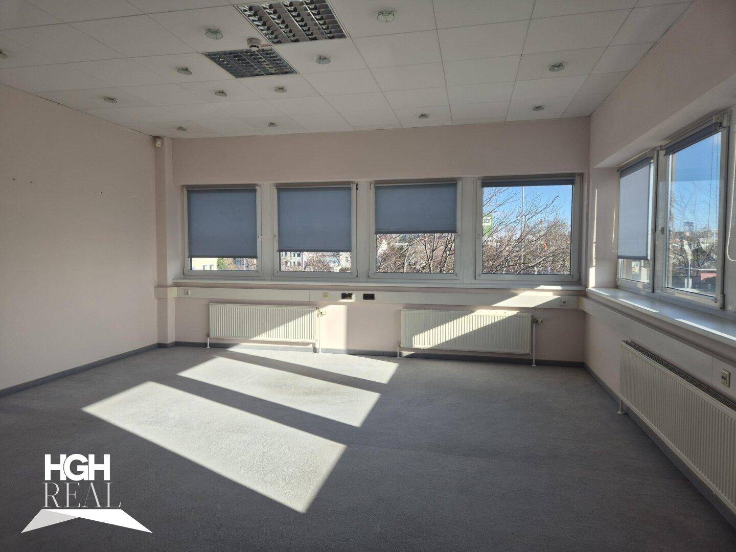 Leeres Büro mit Teppichboden und großen Fenstern, die viel natürliches Licht hereinlassen, mit Rollos.