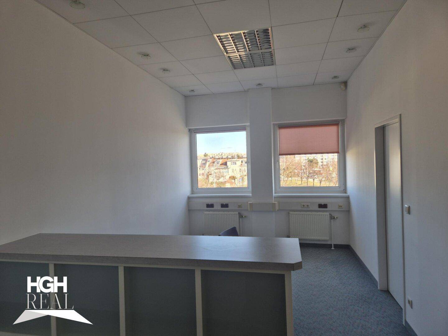 Kleineres Büro mit Teppichboden, zwei Fenstern und einem Empfangstresen, gut beleuchtet.