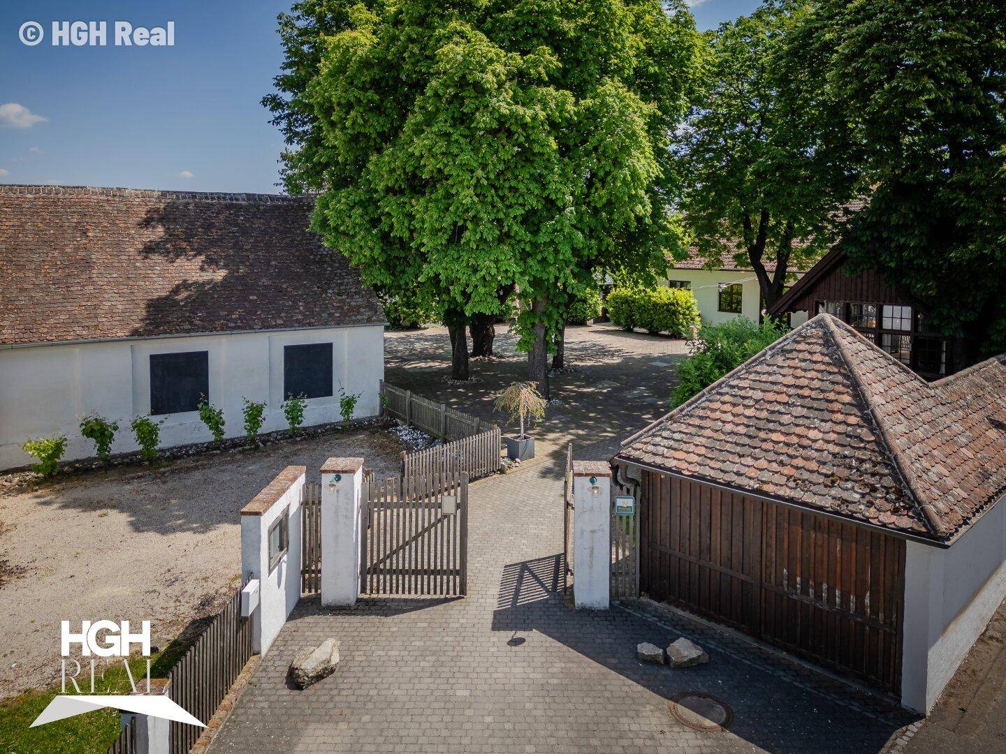 Nahaufnahme des Eingangsbereichs eines Anwesens mit Tor, gepflasterter Zufahrt und alten Bäumen.