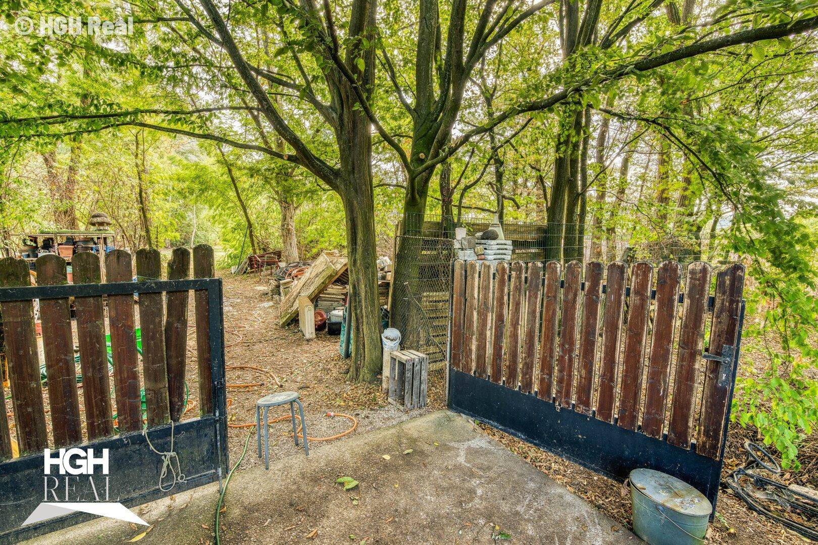 Einfahrt mit Holztor und Blick auf das bewaldete Grundstück.