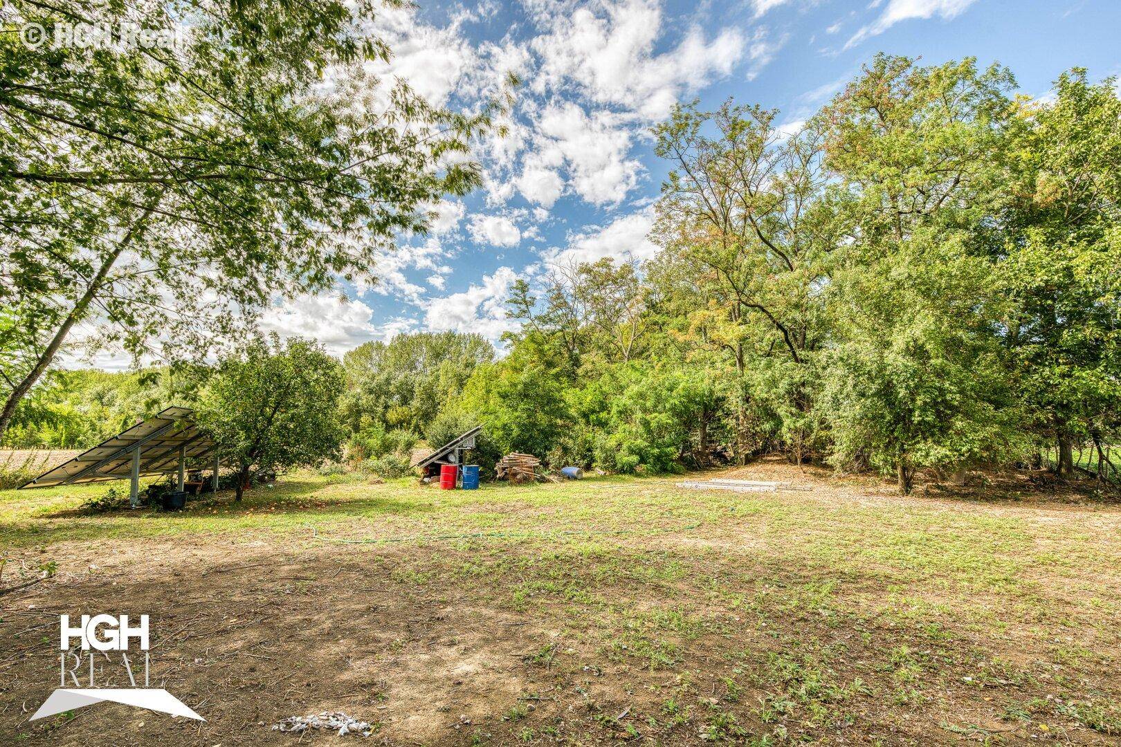 Weitläufiger Gartenbereich mit Wiese, Bäumen und Solaranlagen unter blauem Himmel und Wolken.
