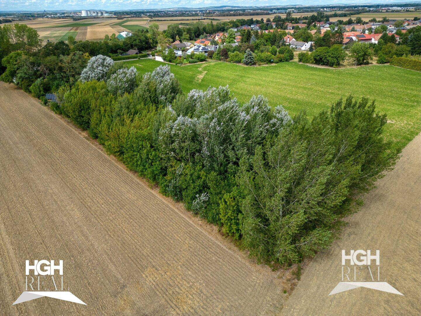 Luftaufnahme einer ländlichen Gegend mit Feldern, Waldstücken und einem Dorf in der Ferne.