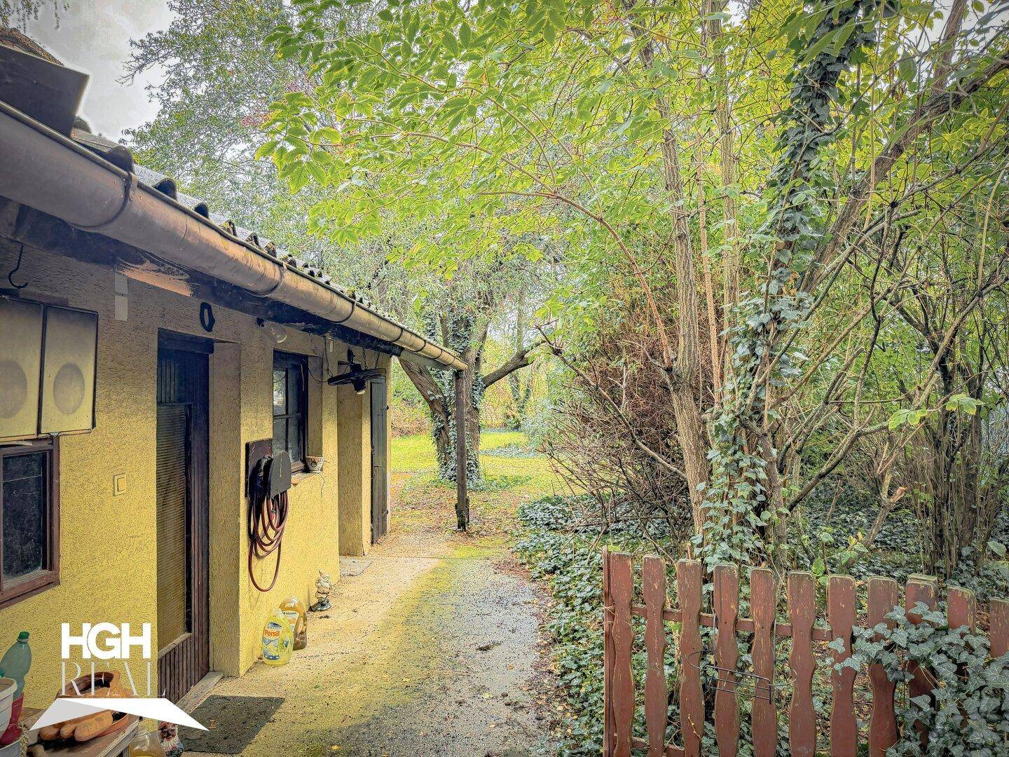 Seitenansicht des Hauses mit einem schmalen Weg und Blick in den grünen, bewachsenen Garten.