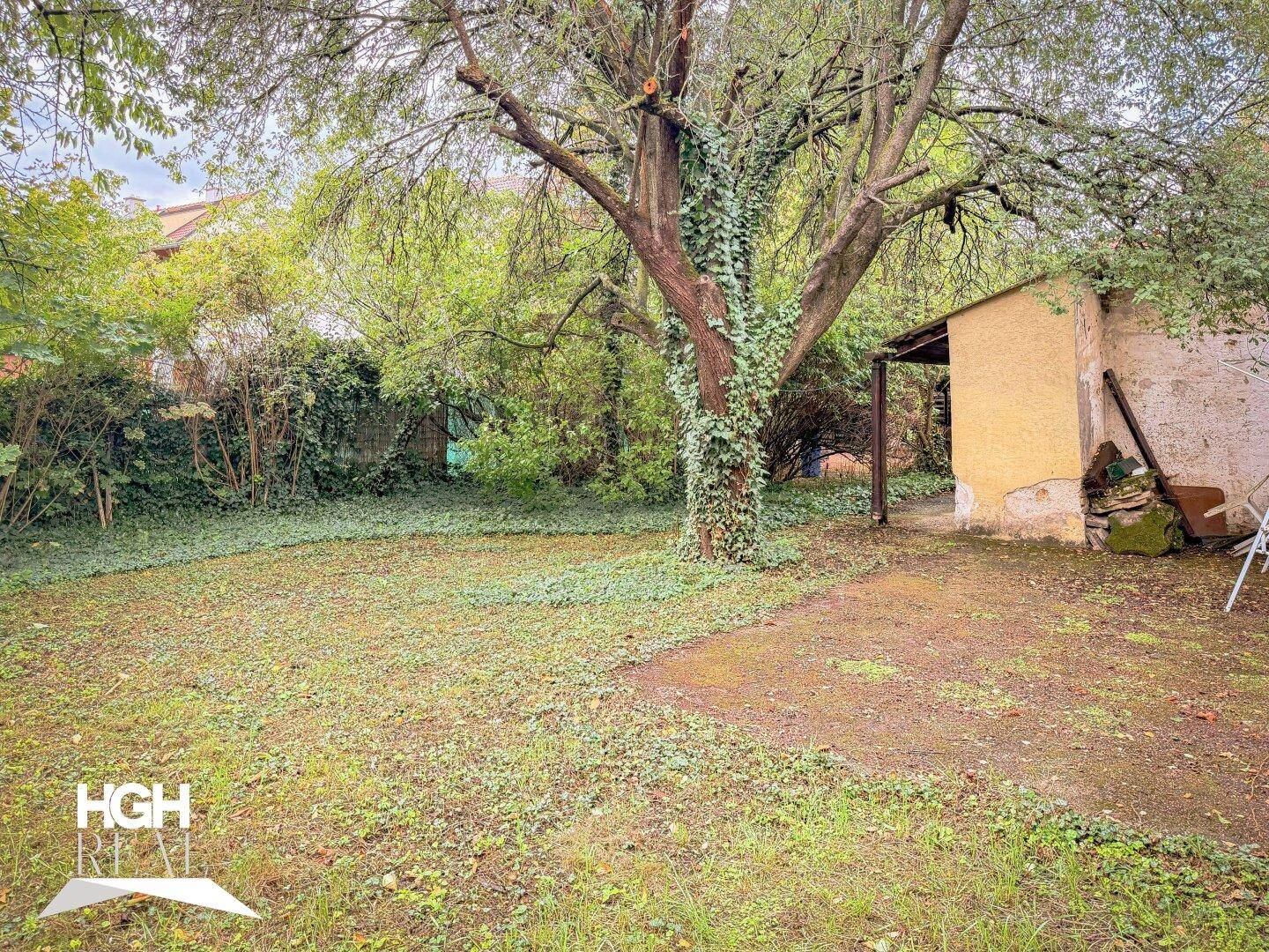 Großer Garten mit Rasenfläche, altem Baumbestand und einem kleinen Schuppen im hinteren Bereich.