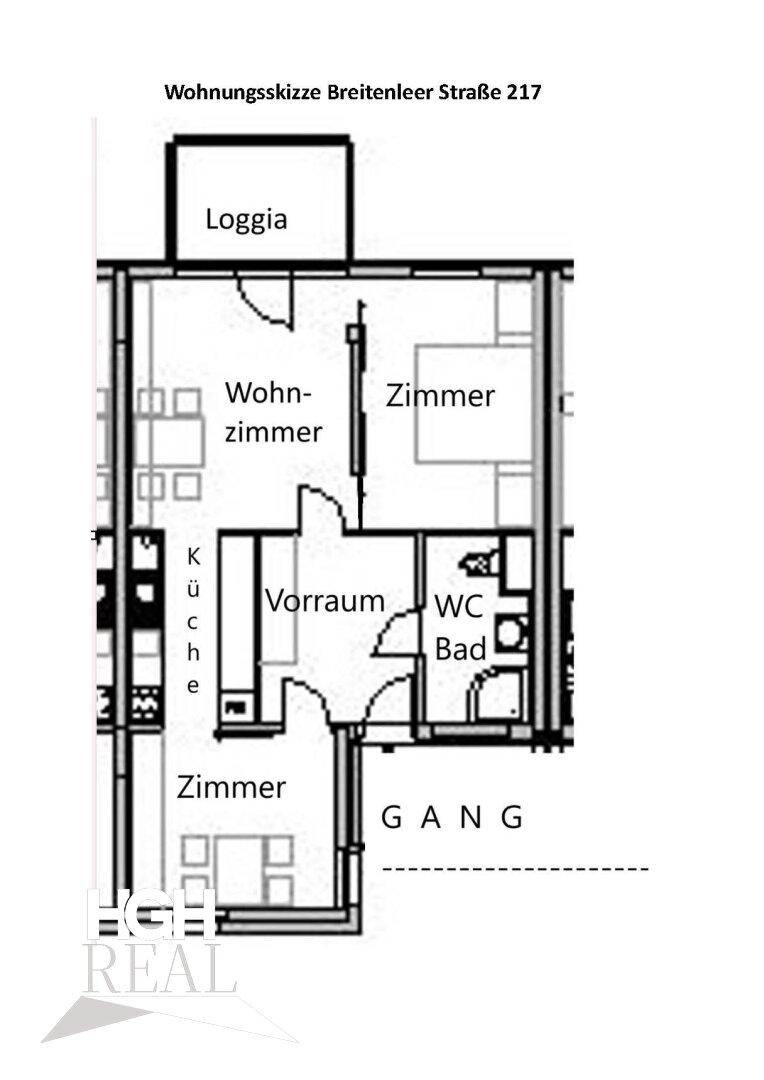 Grundriss der Wohnung mit Loggia, Wohnzimmer, Küche und zwei weiteren Zimmern.