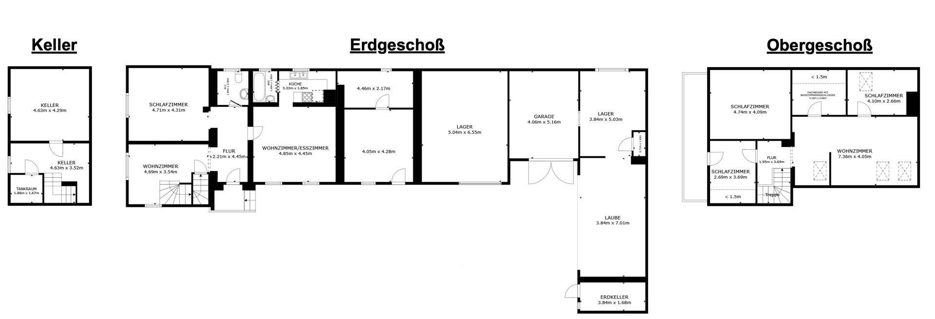 Übersichtliche Grundrisse für Keller, Erdgeschoss und Obergeschoss des Anwesens.