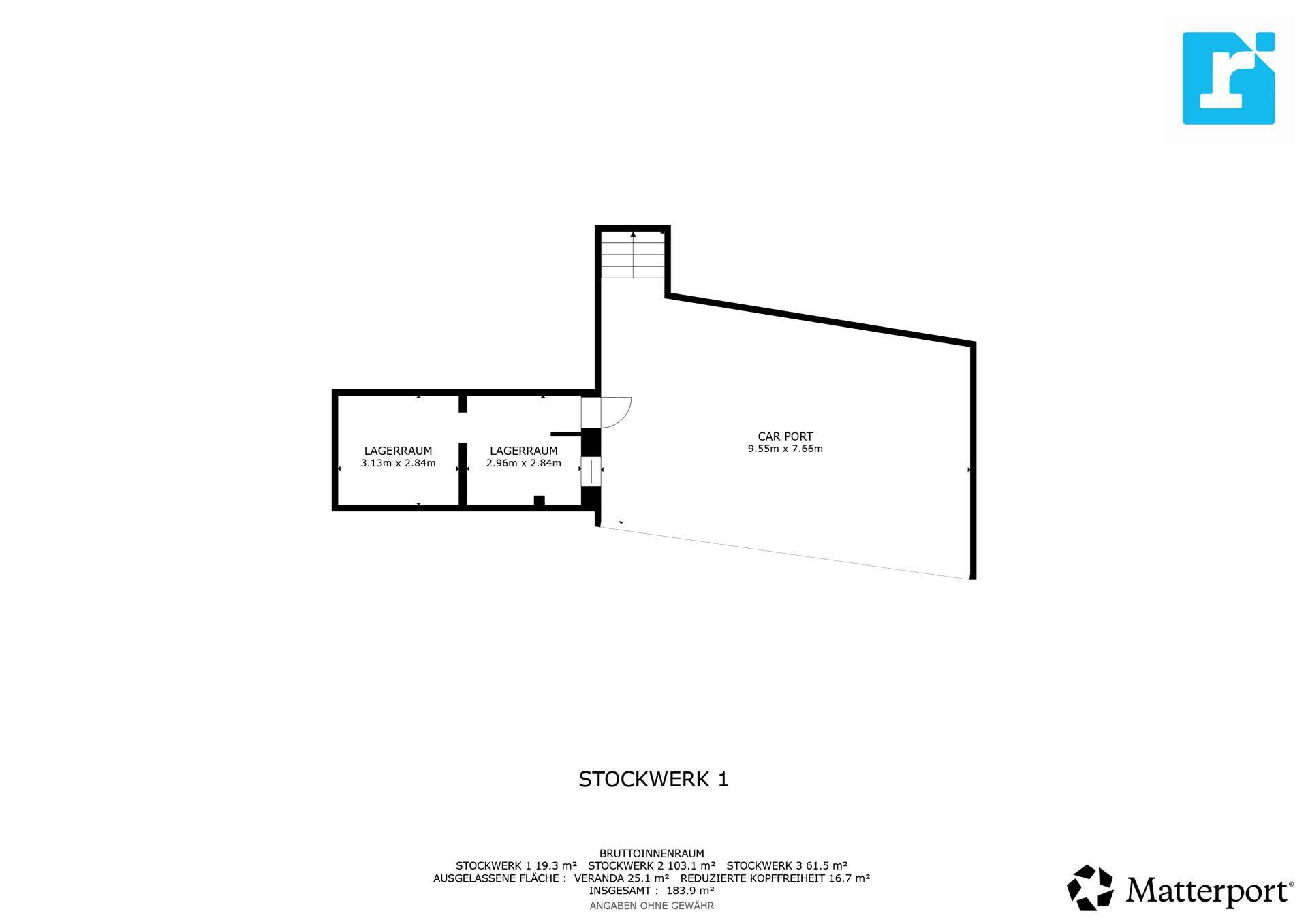Grundriss des ersten Stockwerks mit Lagerräumen und einem Carport.