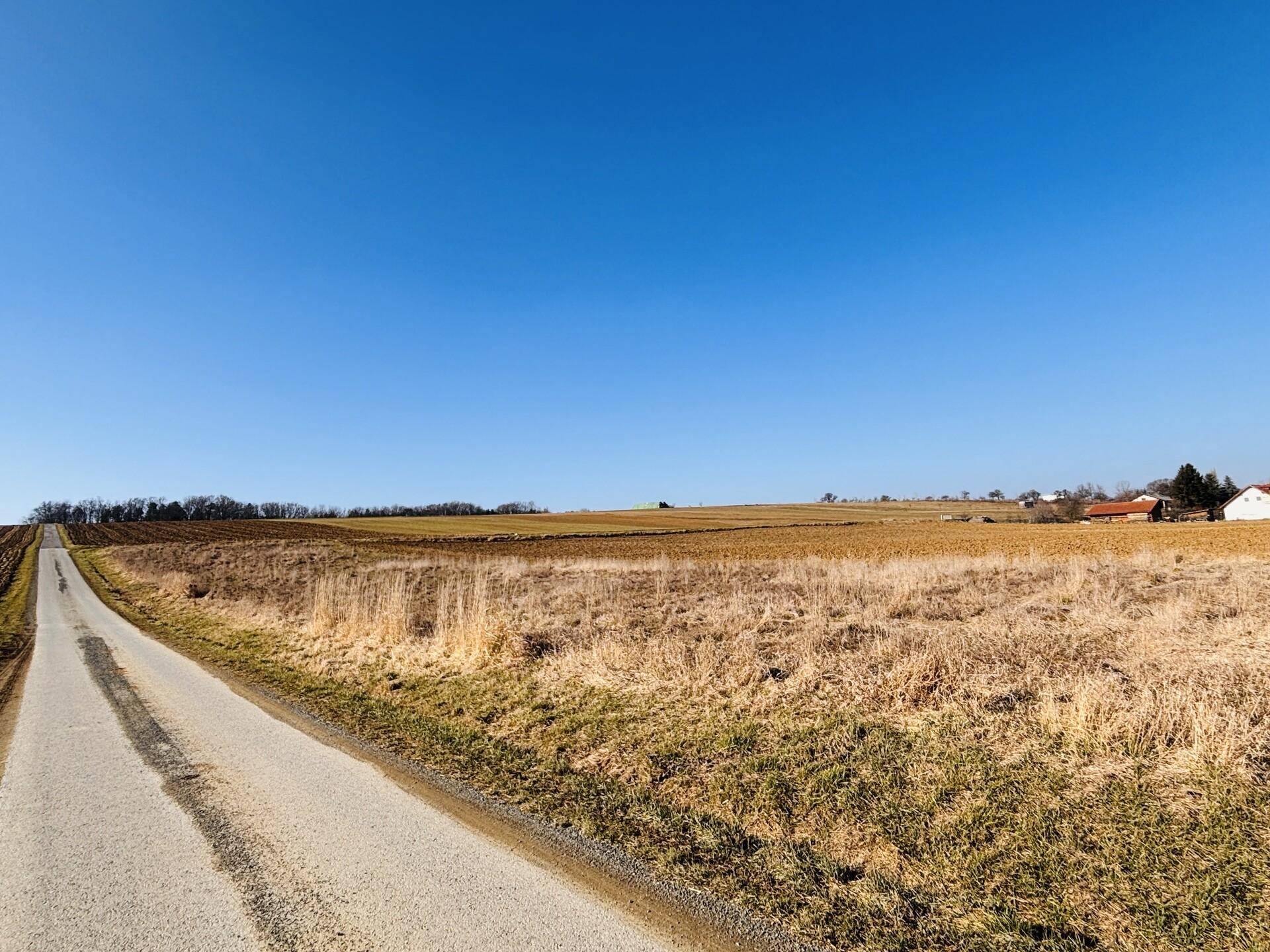 Ein Feldweg führt durch trockene Felder und Ackerland unter einem weiten, blauen Himmel.
