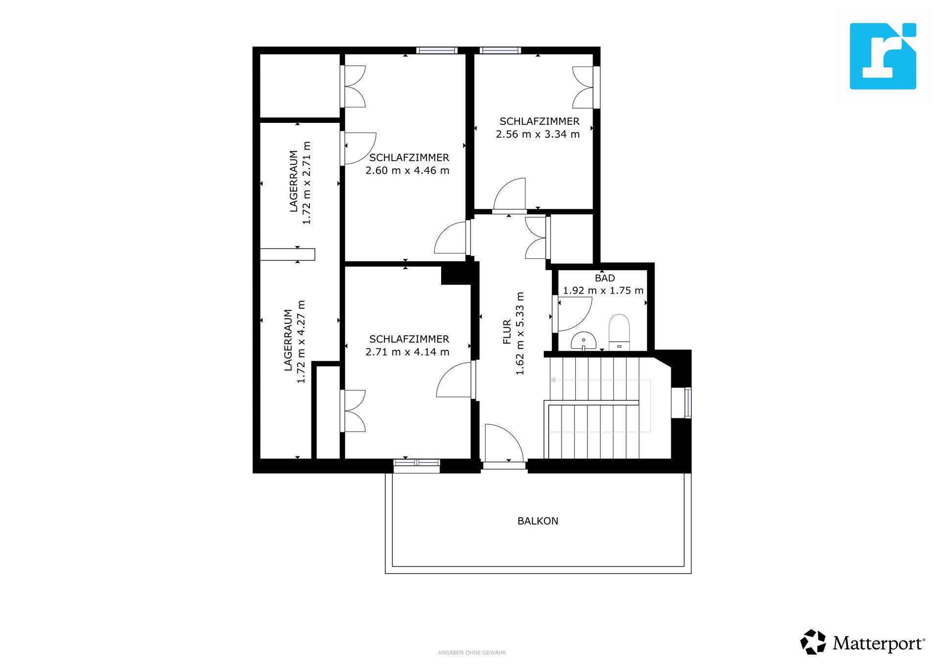 Grundriss des Dachgeschosses mit drei Schlafzimmern, Bad, Lagerraum und Balkon.