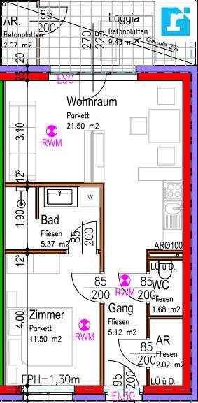 Grundriss einer Wohnung mit Wohnraum, Bad, Zimmer und Loggia.