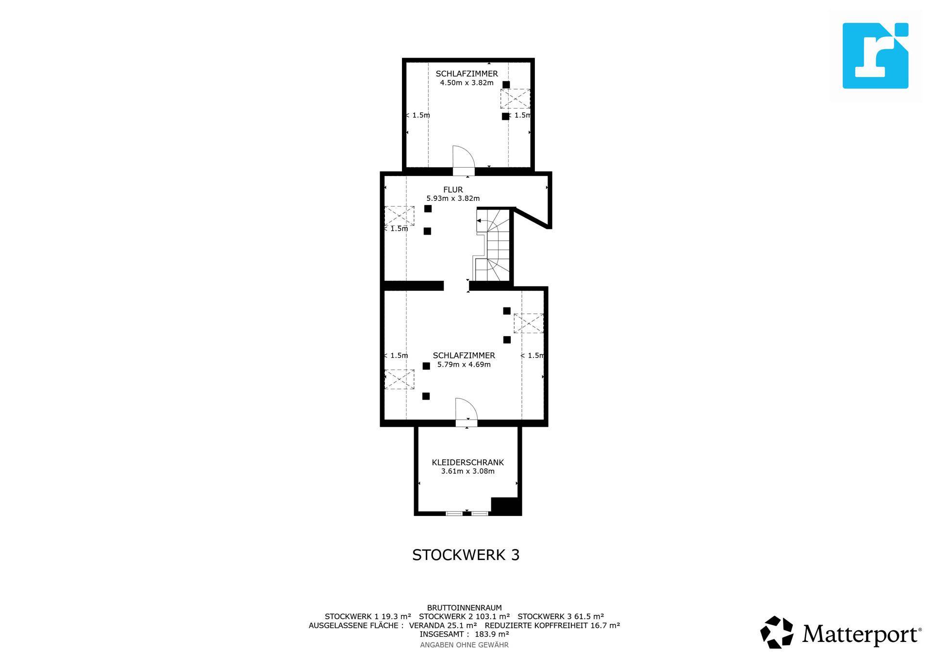 Grundriss des dritten Stockwerks mit Schlafzimmern, Flur und begehbarem Kleiderschrank.
