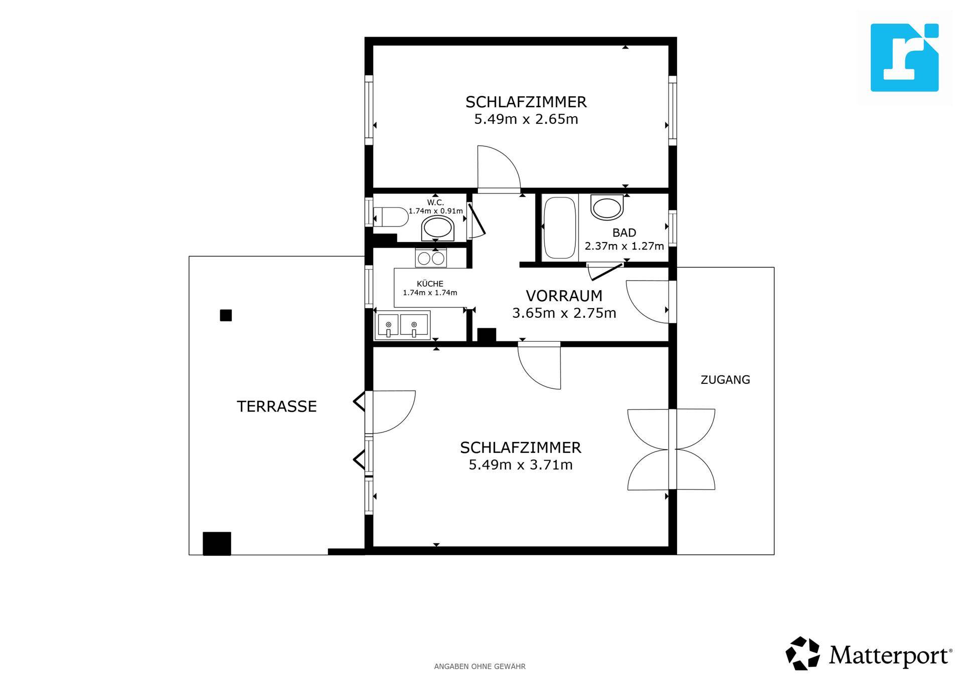 Grundrissplan mit zwei Schlafzimmern, Bad, WC, Küche und einer großen Terrasse.