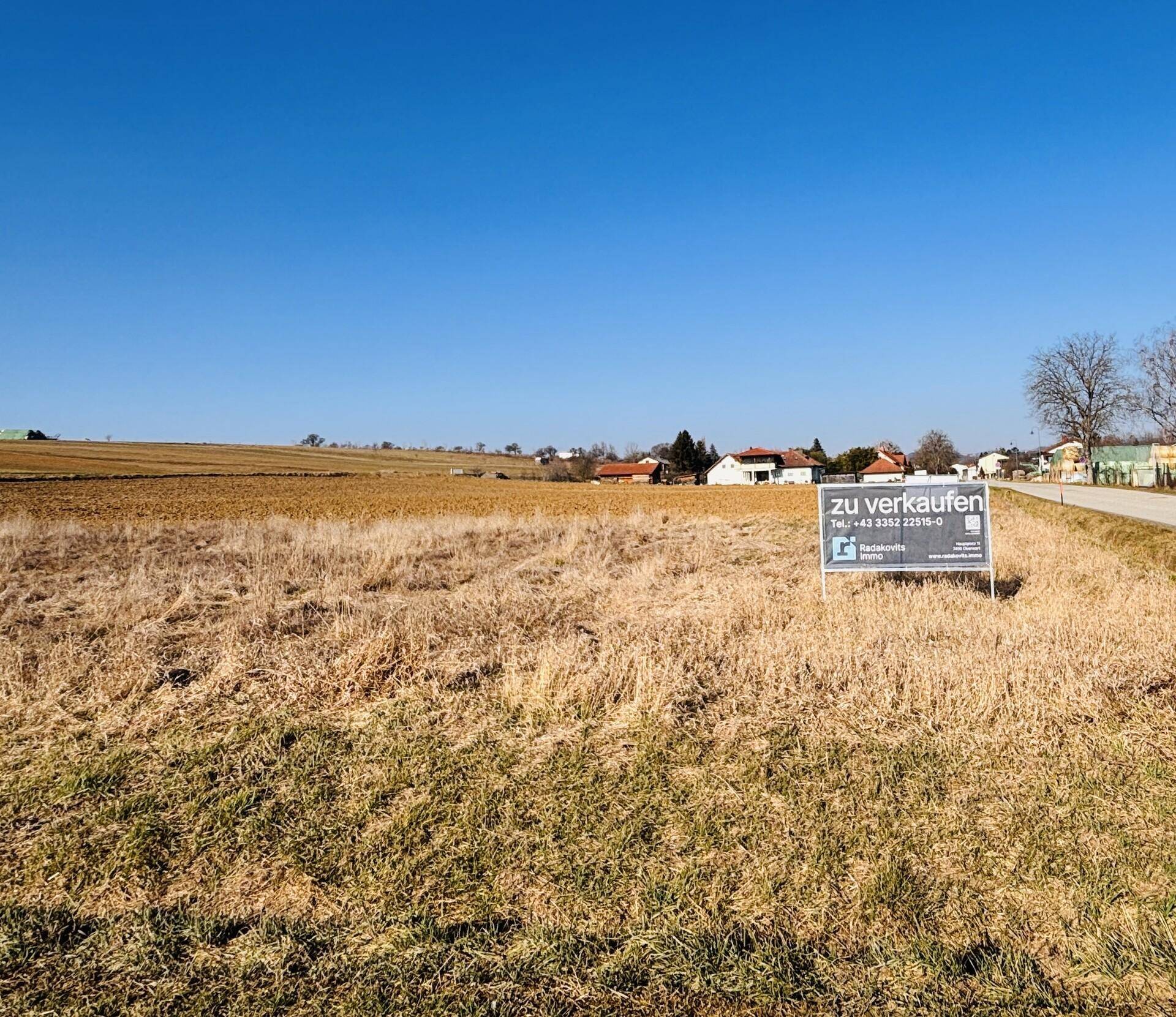 Ein 'Zu Verkaufen'-Schild steht auf einem trockenen Feld neben einer Straße mit Häusern in der Ferne.