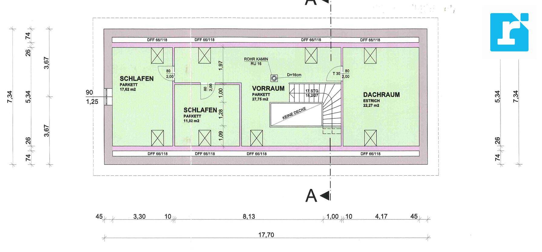 Grundriss des Dachgeschosses mit zwei Schlafzimmern und Stauraum.