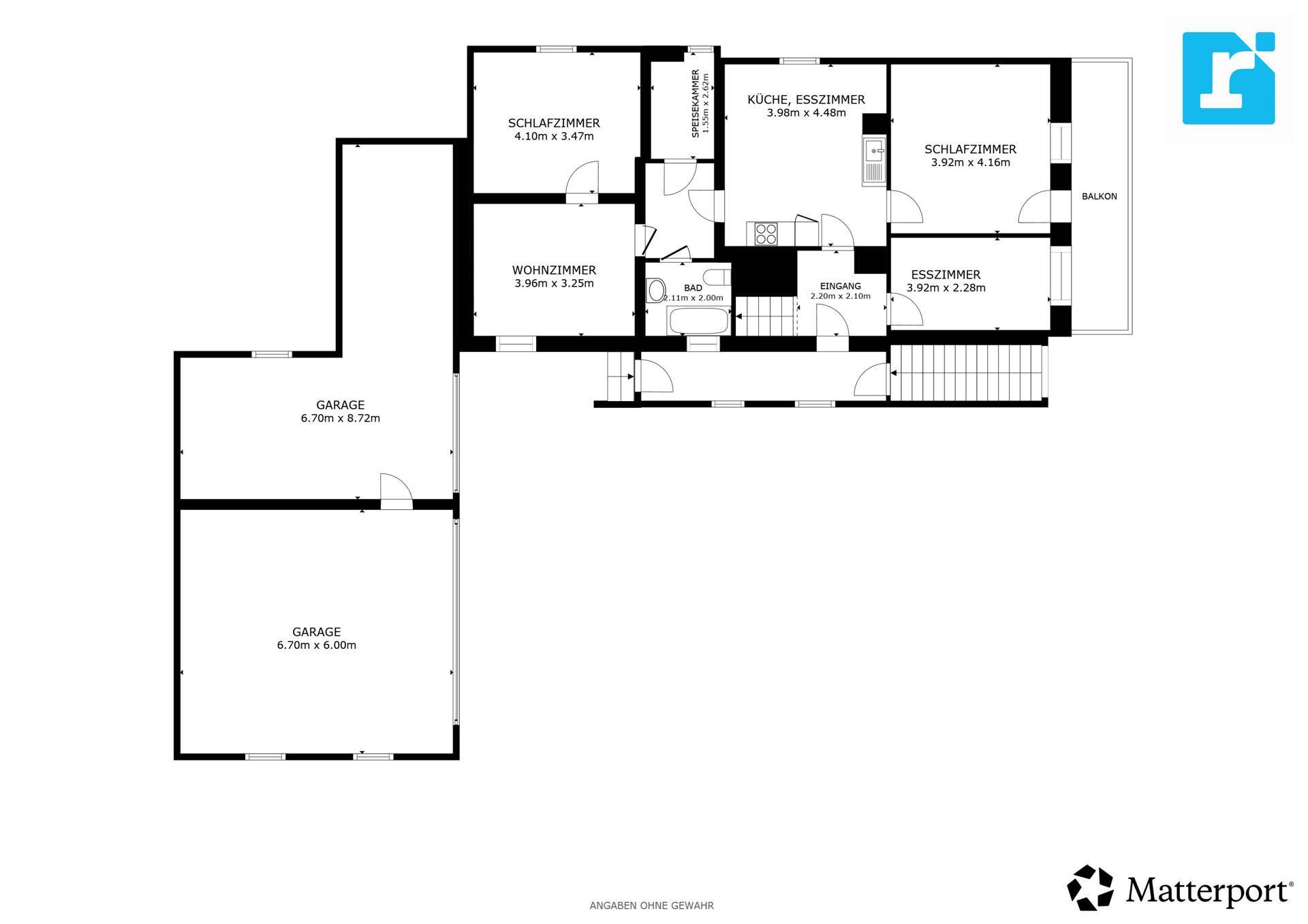 Grundriss zeigt die Raumaufteilung mit Schlafzimmern, Wohnzimmer, Küche, Bad, WC und Garage.
