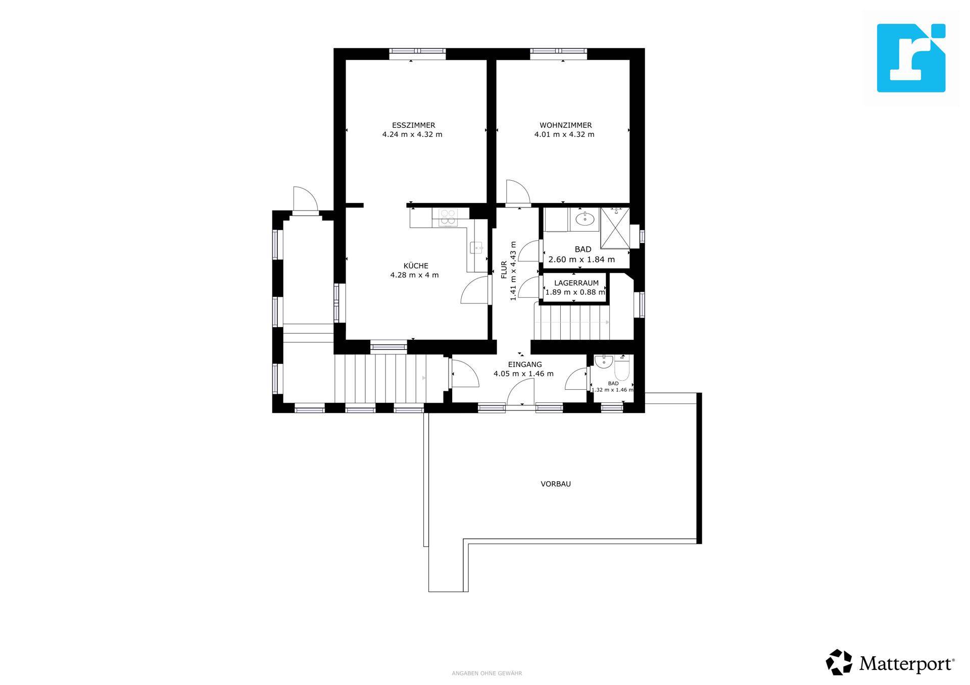 Grundriss des Erdgeschosses mit Esszimmer, Wohnzimmer, Bad und Eingangsbereich.