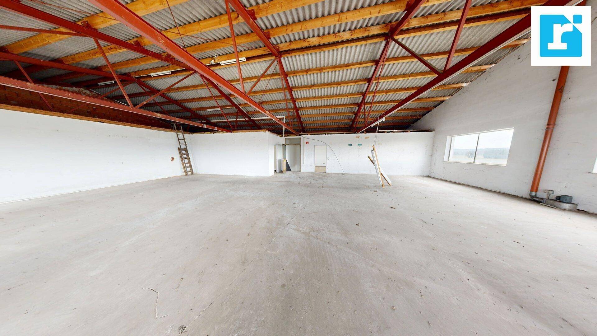 Große Lagerhalle mit Betonboden und offener Dachkonstruktion, ideal für Lagerung oder Produktion.