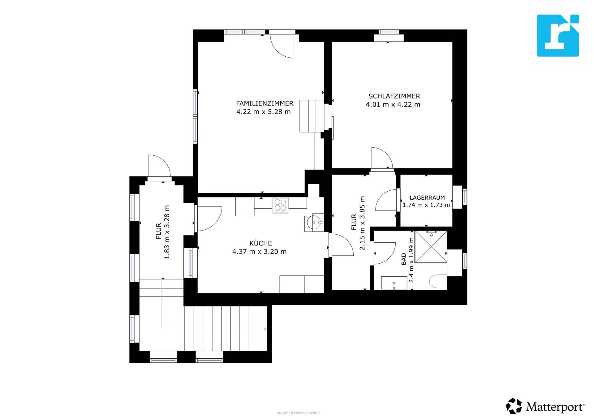 Grundriss des Obergeschosses mit Familienzimmer, Schlafzimmer, Küche und Lagerraum.