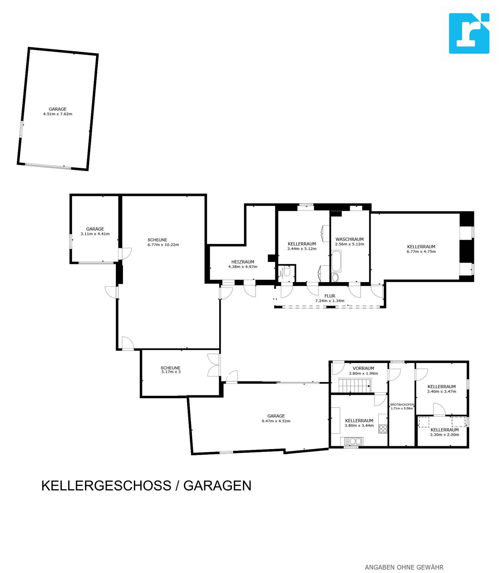 Grundriss des Kellergeschosses mit Kellerräumen, Waschraum und Garagen.