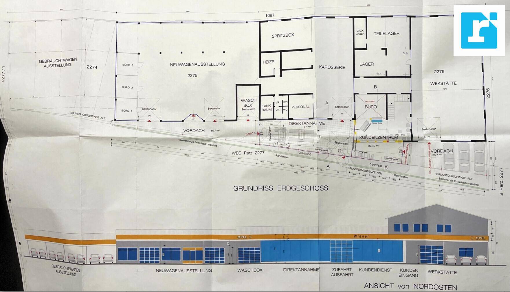 Grundriss und Ansicht eines Erdgeschosses für ein Autohaus mit Ausstellungsflächen, Werkstatt und Büros.