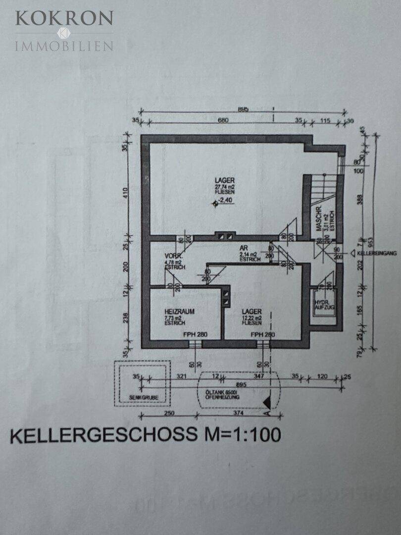 Grundriss des Kellergeschosses mit Lagerräumen, Heizraum und Öltankbereich.