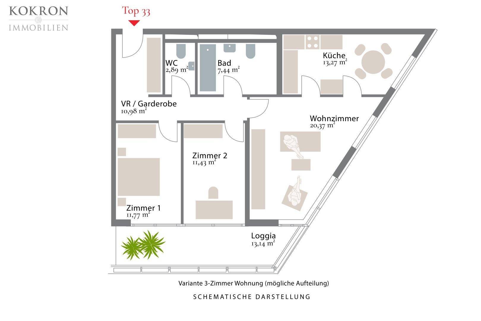 Variante 3-Zimmer Wohnung (mögliche Aufteilung)