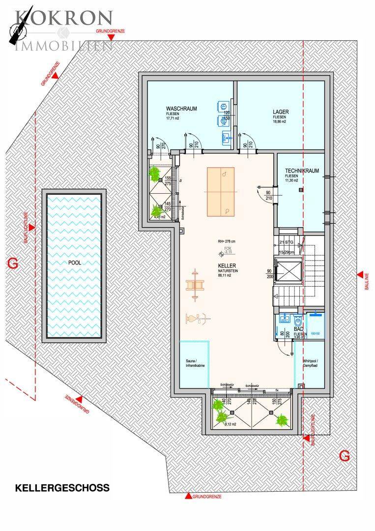 Grundriss des Kellergeschosses mit Waschraum, Lager und Wellnessbereich inklusive Sauna.