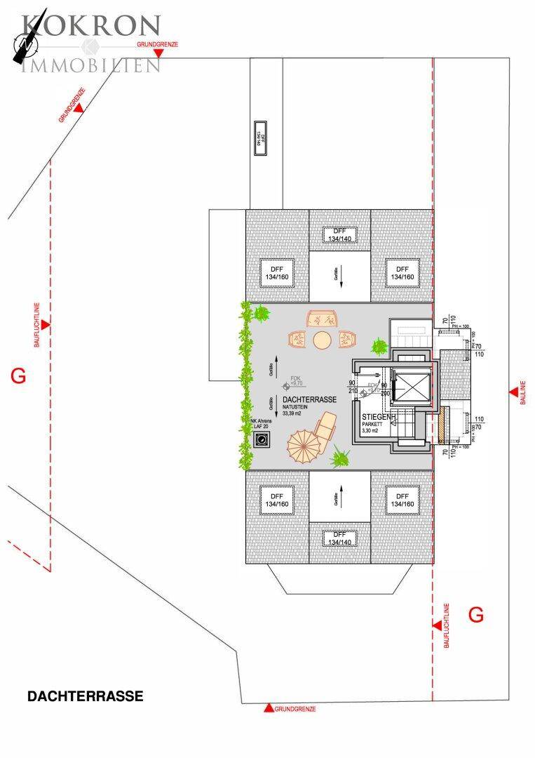 Grundriss der Dachterrasse mit Sitzbereich und Treppenzugang.