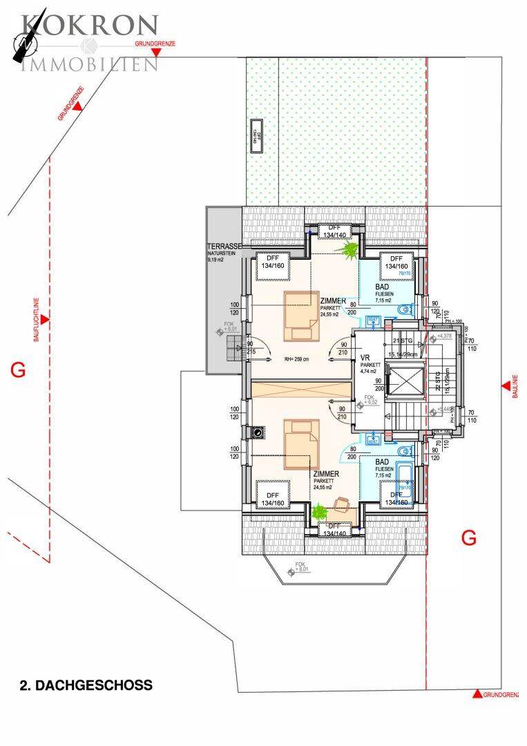 Grundriss des 2. Dachgeschosses mit zwei Schlafzimmern und zwei Bädern.