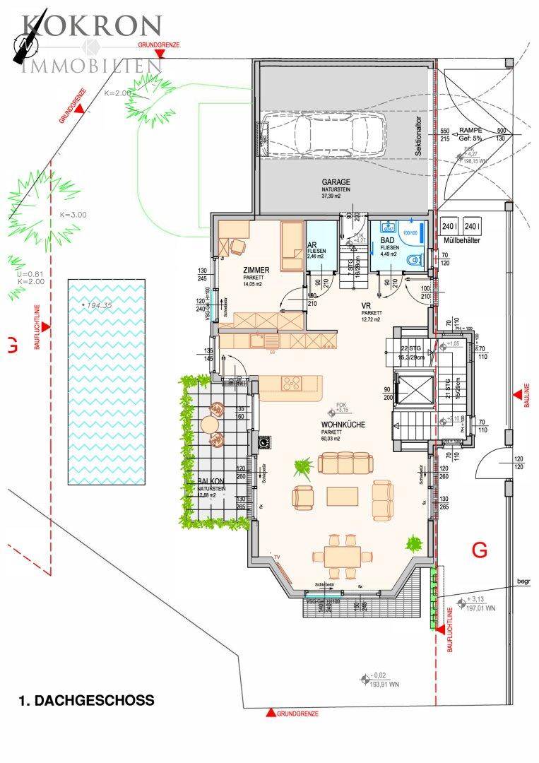 Grundriss des 1. Dachgeschosses mit Wohnküche, Balkon und Garage.