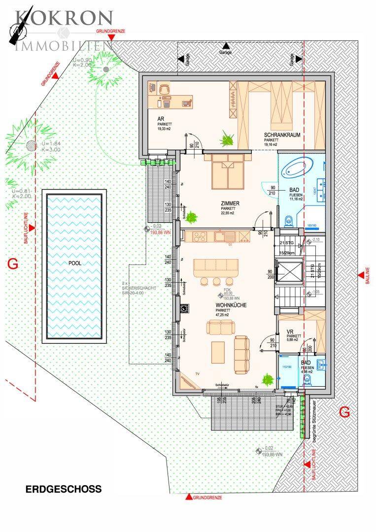 Grundriss des Erdgeschosses mit Wohnküche, Schlafzimmer und Poolbereich.