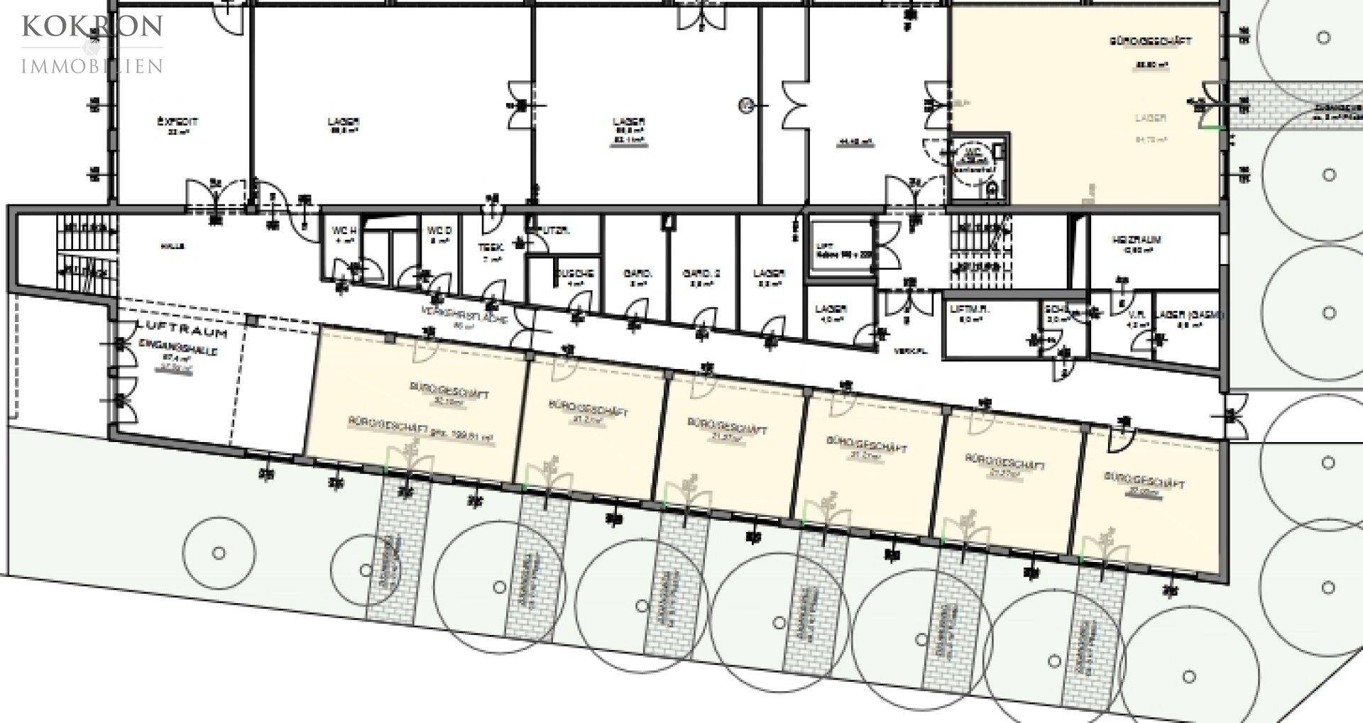 Detaillierter Grundriss eines Gewerbegebäudes mit mehreren Büro-/Geschäftseinheiten, Lagerräumen und Parkplätzen.
