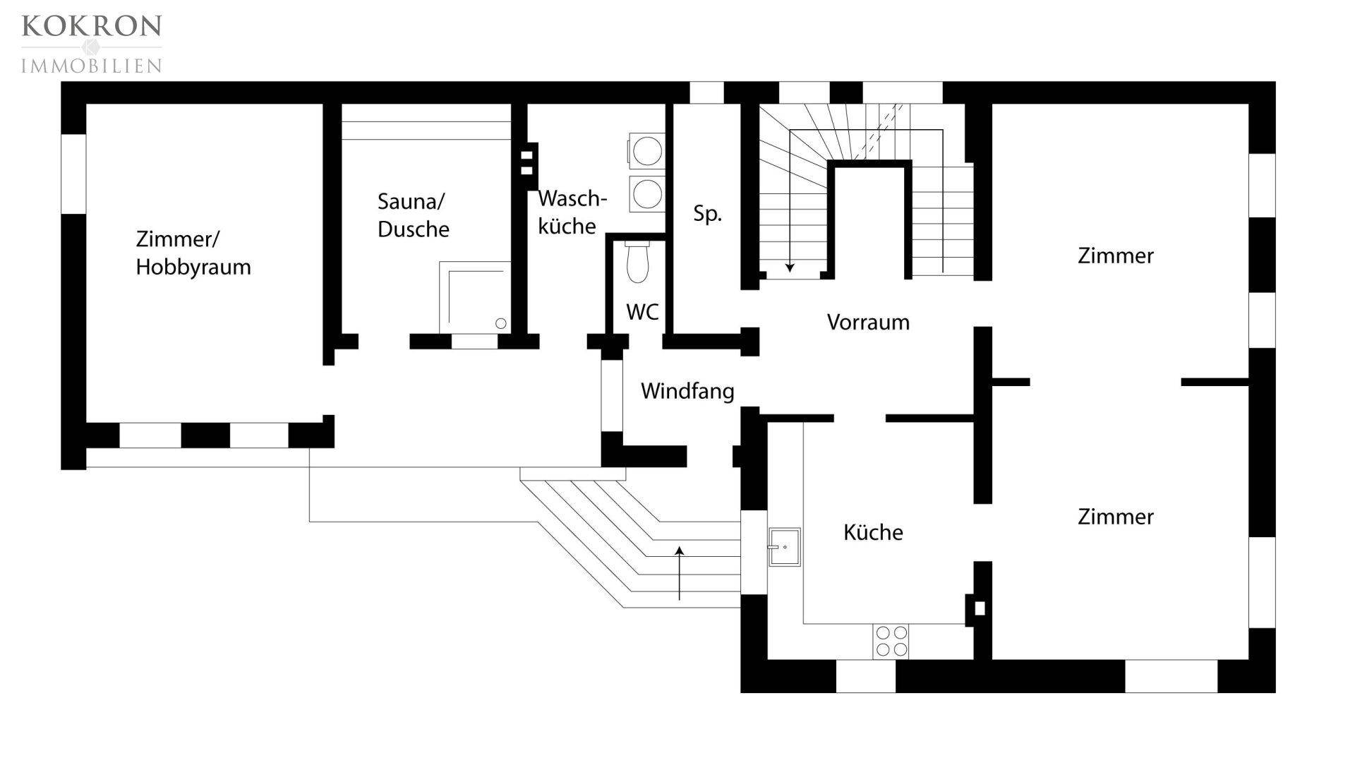 Grundriss des Erdgeschosses mit Hobbyraum, Sauna, Waschküche und separatem WC.