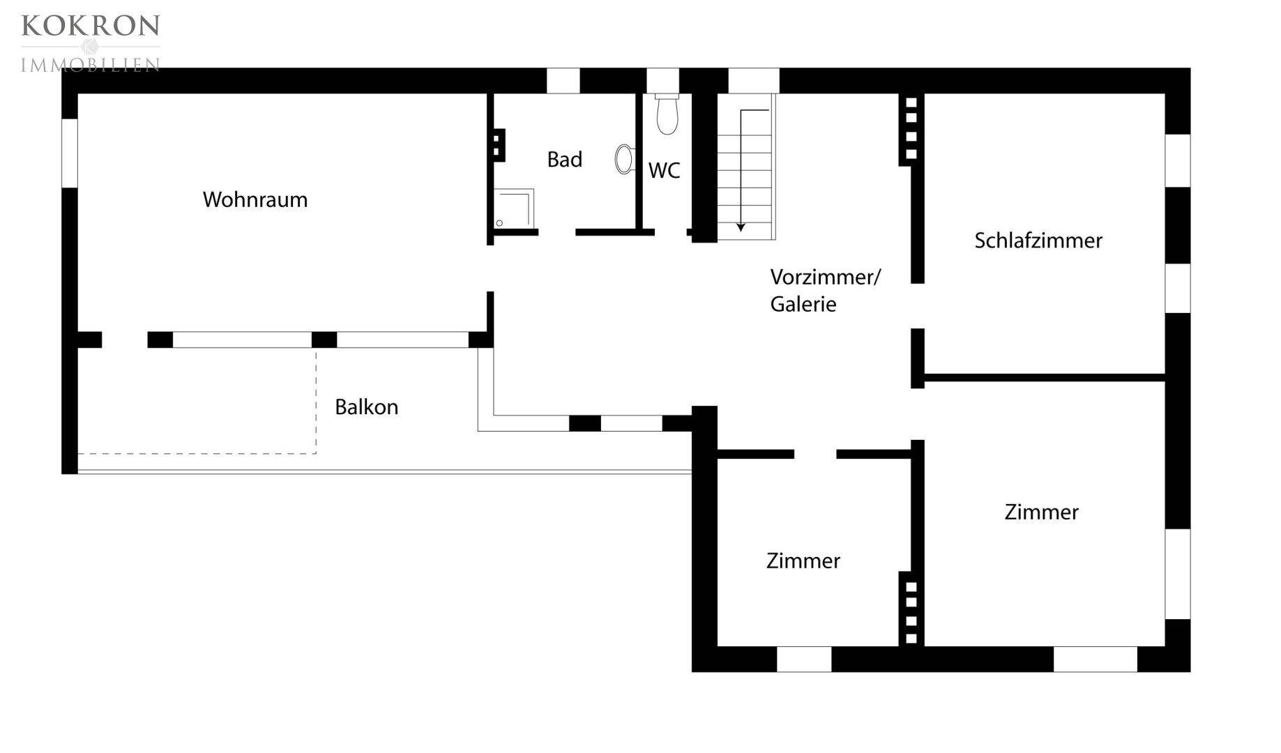 Grundriss des Obergeschosses mit Wohnraum, Schlafzimmern, Bad, WC und Balkon.