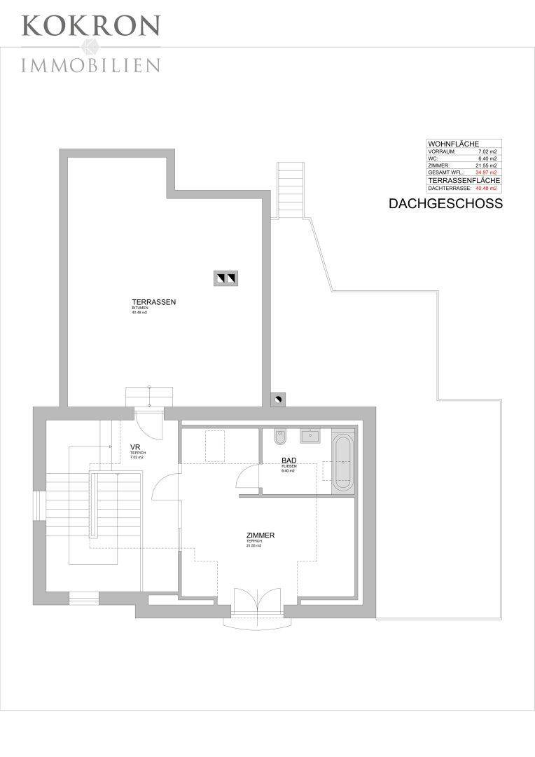 Grundriss des Dachgeschosses mit Zimmer, Bad und Zugang zu einer weiteren Terrasse.