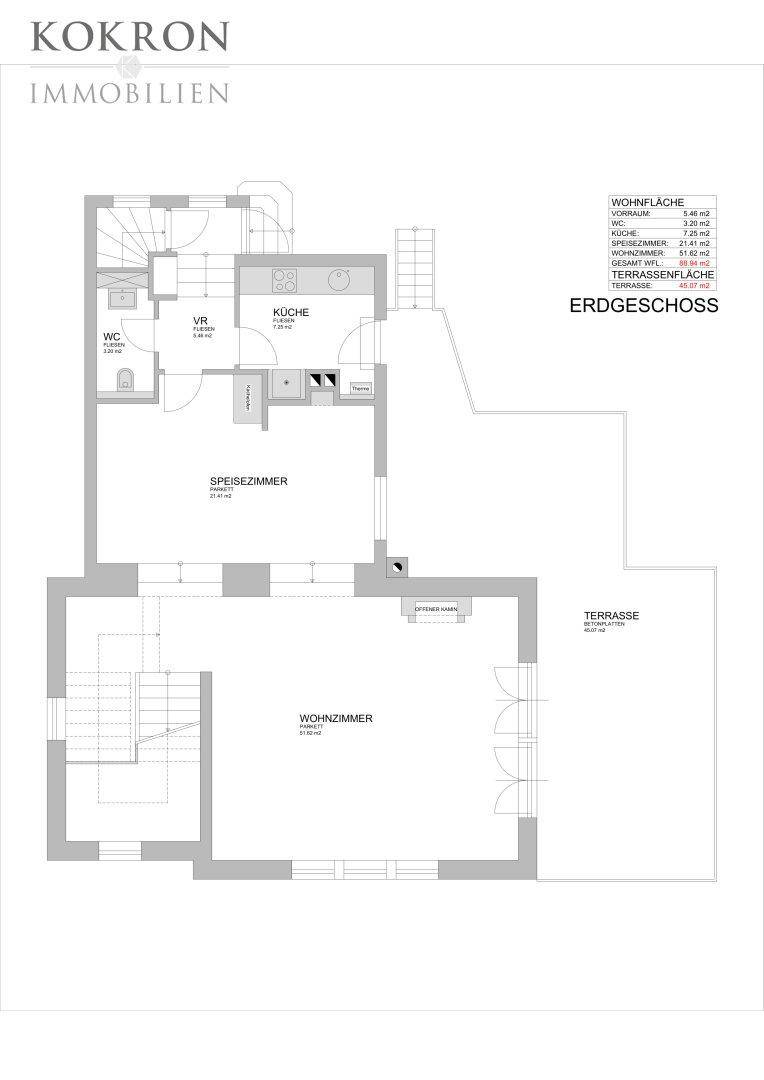 Grundriss des Erdgeschosses mit Küche, Wohnzimmer, Speisezimmer und großer Terrasse.