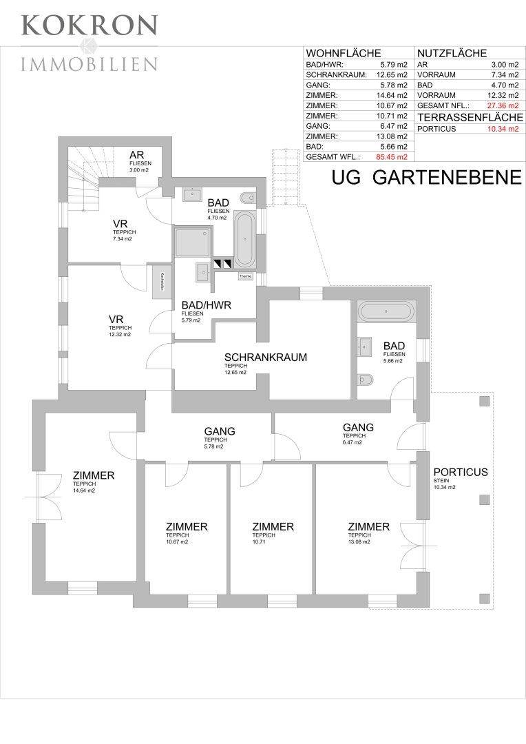 Grundriss der Gartenebene mit mehreren Zimmern, Bädern und Schrankraum.