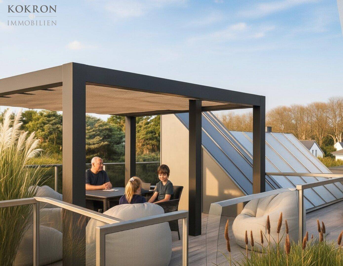 Geräumige Dachterrasse mit Pergola, Sitzgelegenheiten und Blick auf die Umgebung.