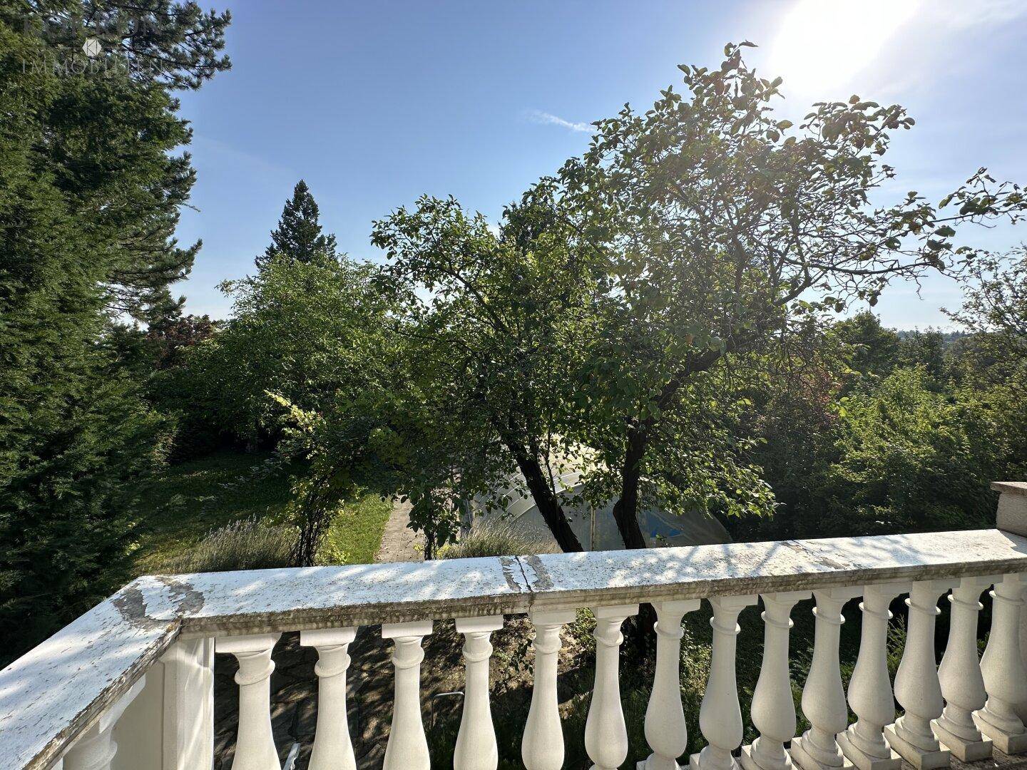 Sonniger Ausblick von einem Balkon mit klassischer Balustrade auf einen grünen Garten.