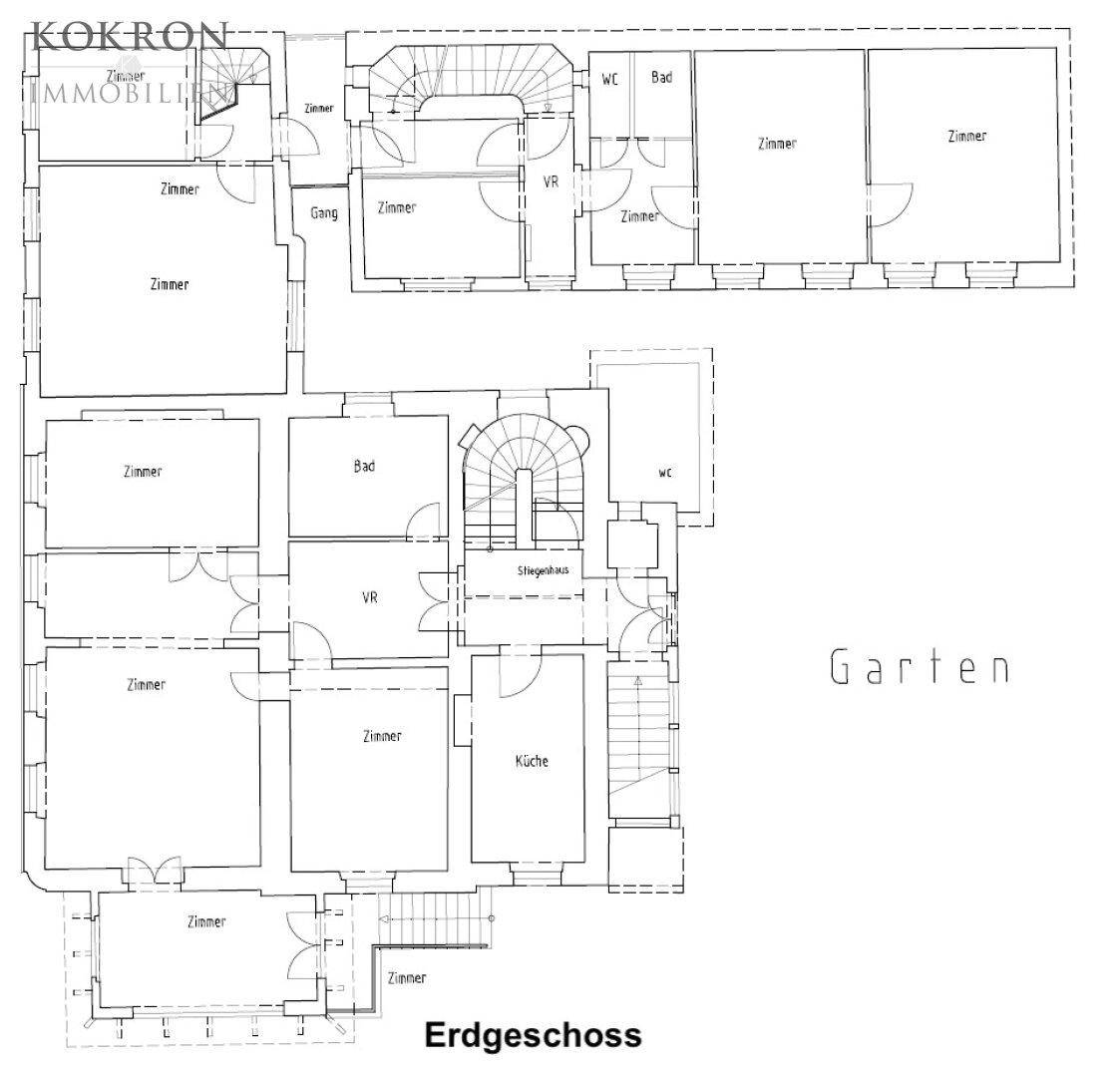 Grundriss des Erdgeschosses mit mehreren Zimmern, Küche, Bad und Zugang zum Garten.