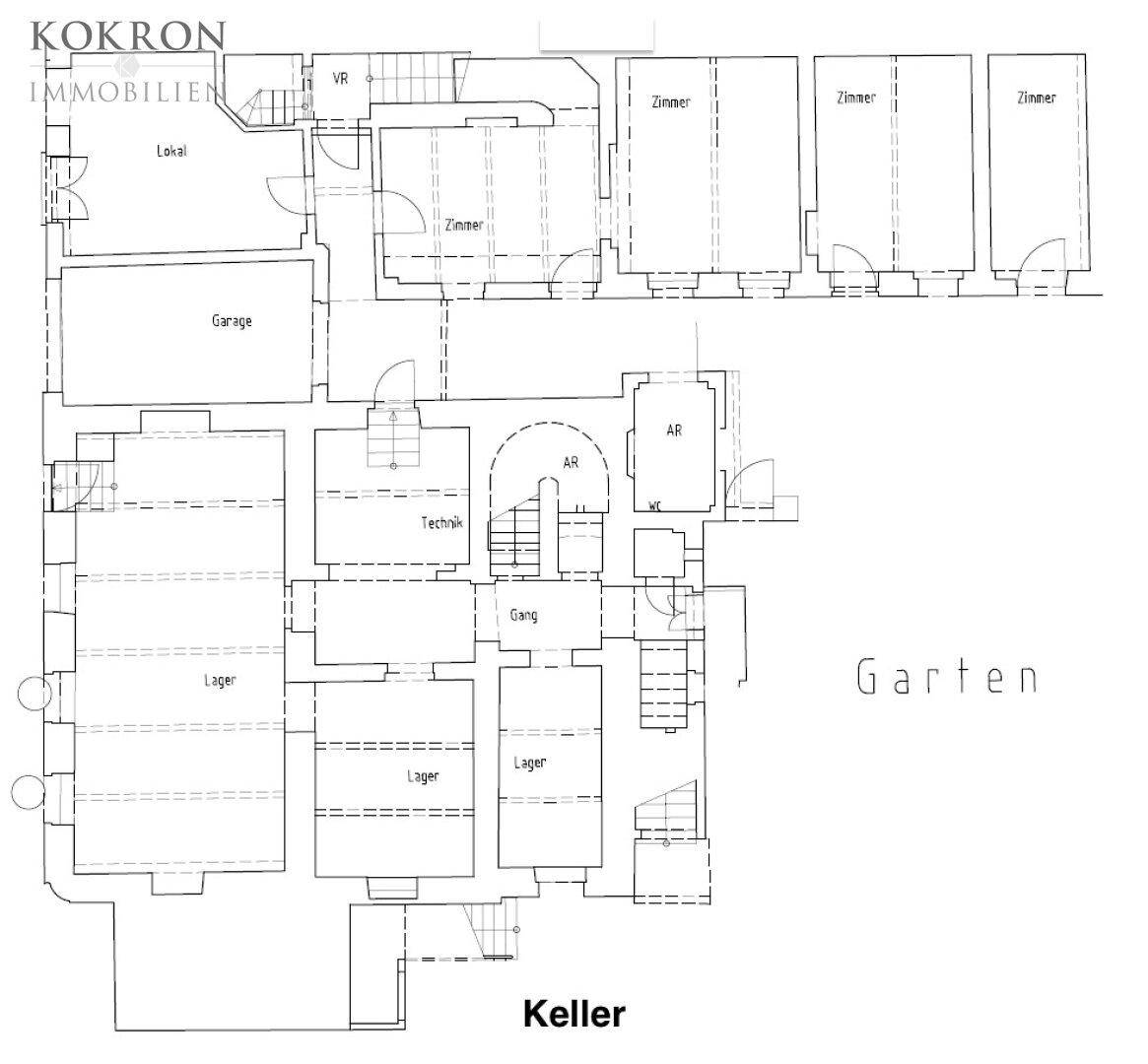 Grundriss des Kellers mit Lagerflächen, Technikraum und Garage.