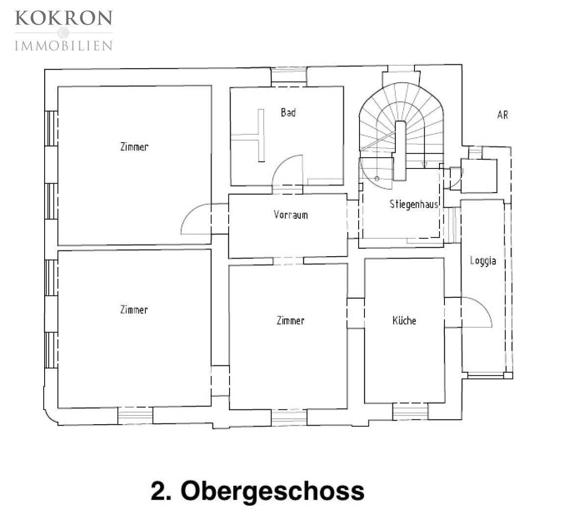Grundriss des zweiten Obergeschosses mit Zimmern, Küche, Bad und Loggia.