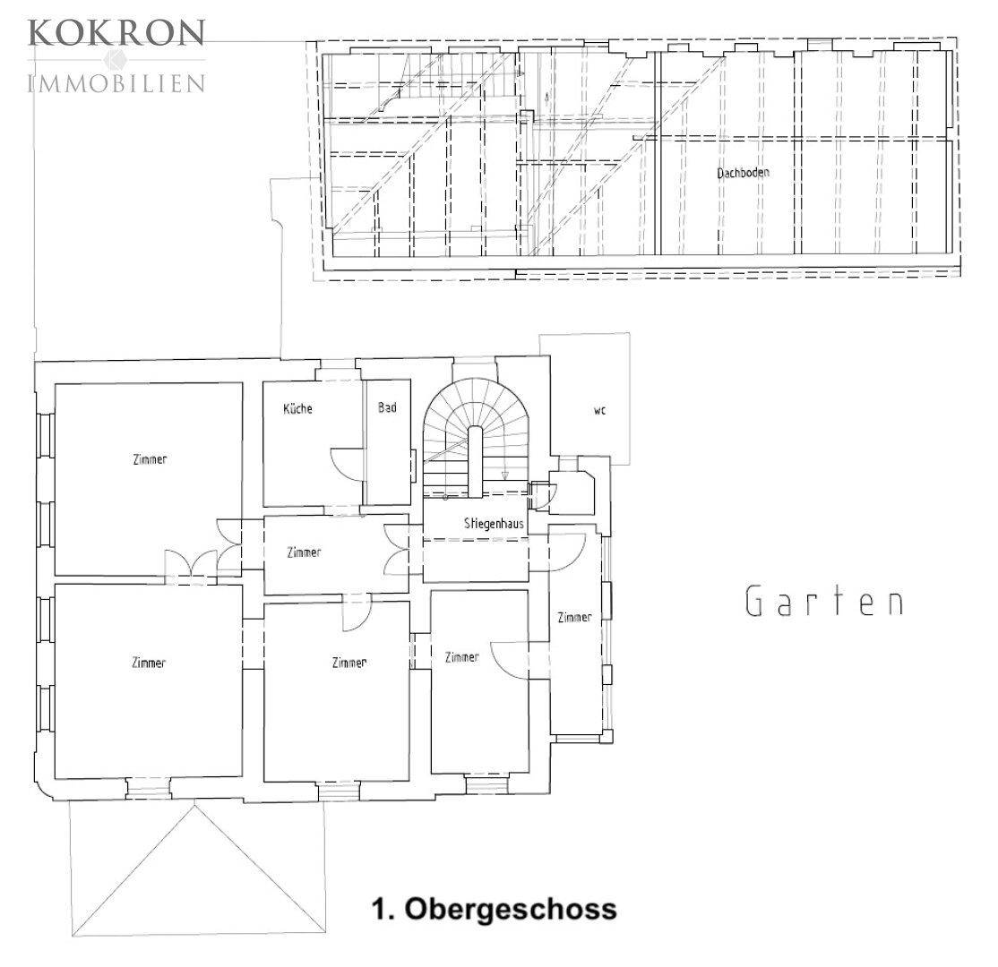 Grundriss des ersten Obergeschosses mit Zimmern, Küche, Bad und Dachbodenbereich.