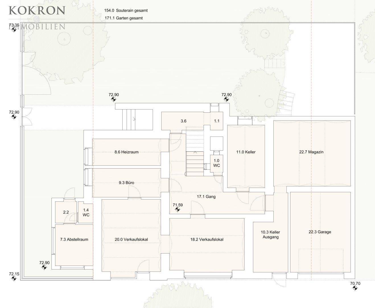 Grundriss des Souterrains mit Heizraum, Büro, Verkaufsflächen, Kellerräumen und Garage.
