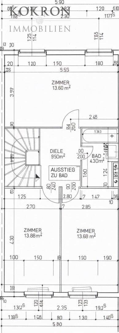Grundriss des zweiten Obergeschosses mit drei Zimmern und Badezimmer.