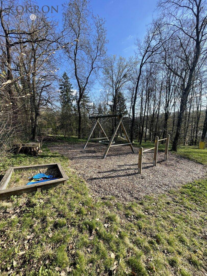 Spielbereich im Garten mit Schaukel und Sandkasten, umgeben von Bäumen.